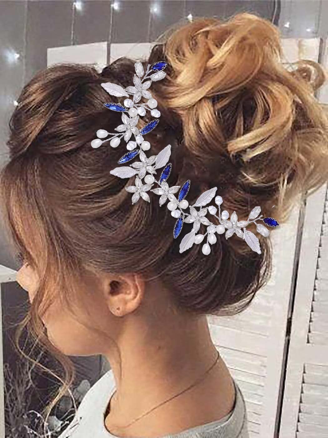 IYOU Bridal Wedding Hair Vine Blue Flower Hair Accessories Crystal Headband Bride Bridesmaid Headpiece for Women