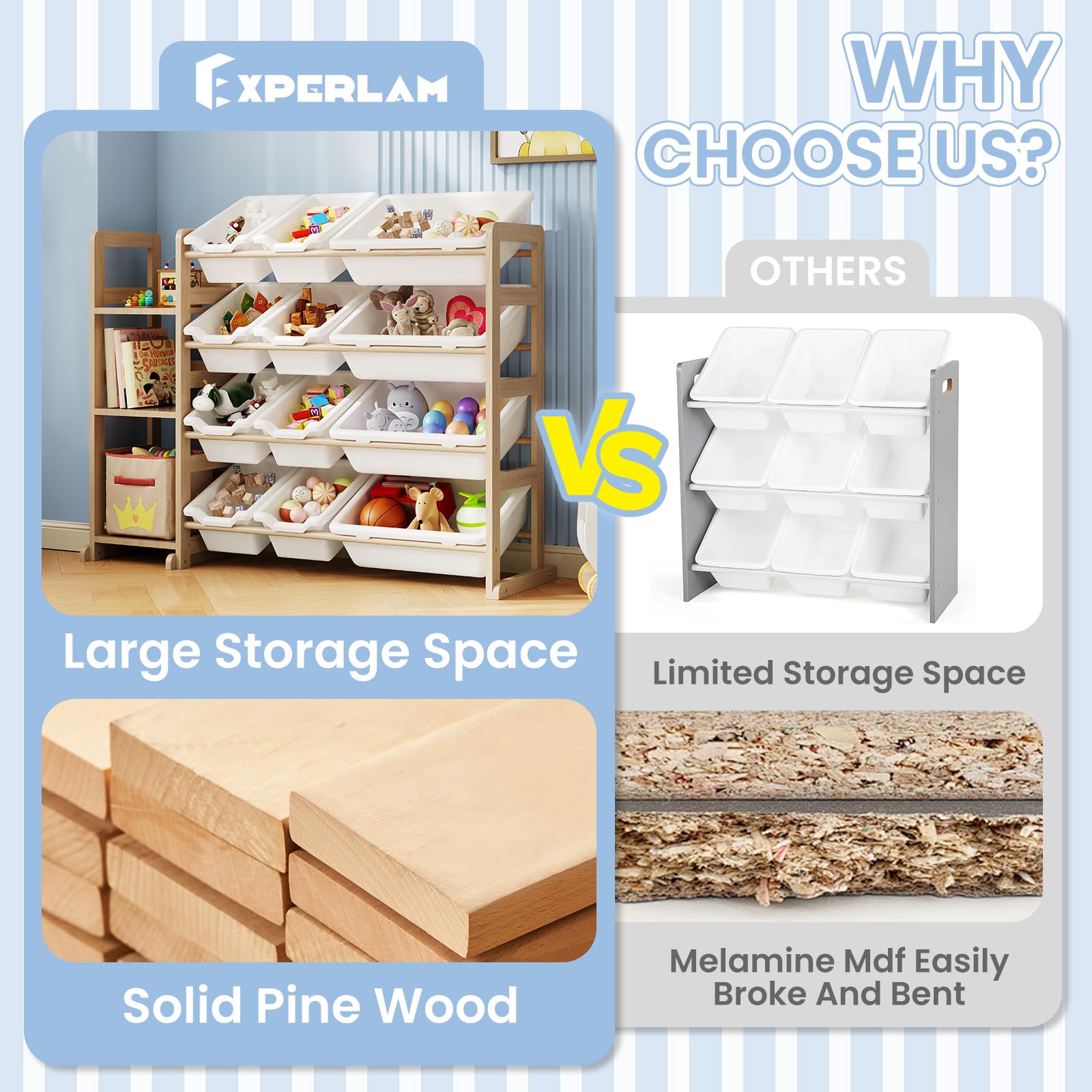 EXPERLAM Toy Storage Organizer - Toy Organizers and Storage with Bookshelf, Toy Storage Shelf with 3 Shelves and 12 Storage Bins, Kids Bookshelf and Toy Storage for Kids Room, Playroom, Nursery, White