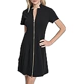DKNY Womens Short Sleeve V-Neck Zipper Front Scuba Crepe Mini Dress