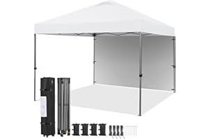 Yaheetech 10x10 Pop up Canopy Tent w/1 Sidewall, Instant Commercial 150D Silver Coated Fabric Outdoor Instant Tent w/Wheeled Bag, 4 Sandbags, 8 Stakes & 4 Ropes for Parties, Camping, Beach, White