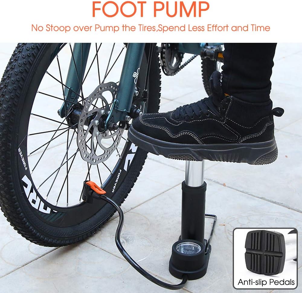 FAHZON Bike Pump Mini Portable Bicycle Foot Pump with Pressure Gauge Bike Tire Air Pump with Gas Ball Needle for All Bike, Fits Presta & Schrader Valve : Sports & Outdoors