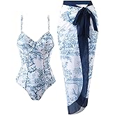 Women's One Piece Swimsuit with Beach Cover Up Retro Floral Print Bathing Suits with Coverup Set Sarong Wrap Swim Suit 1 Piece Swimwear Set with Matching Skirt Blue Floral XX-Large