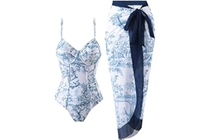 JOLLKICHAY Womens One Piece Swimsuit with Cover Up Sarong Wrap Floral Bathing Suits 1 Piece Swim Suit with Beach Cover Up Set