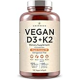 AMANDEAN Vegan Vitamin D3 K2. 5000 iu from Algae. All-Trans MK-7. 120 Softgels. Plant-Based & Carrageenan Free. Organic Coconut Oil Blend. for Mood, Bones, Heart, Immune Health (Packaging May Vary)