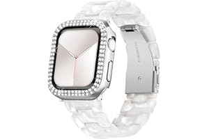 BINLUN Resin Watch Band with Case Compatible with Apple Watch Band 40mm 41mm 44mm 45mm Women Men Watch Strap with Glitter Bling Protective Cover Wristband for iWatch Series 8 7 SE SE2 6 5 4, Pearl White 40mm