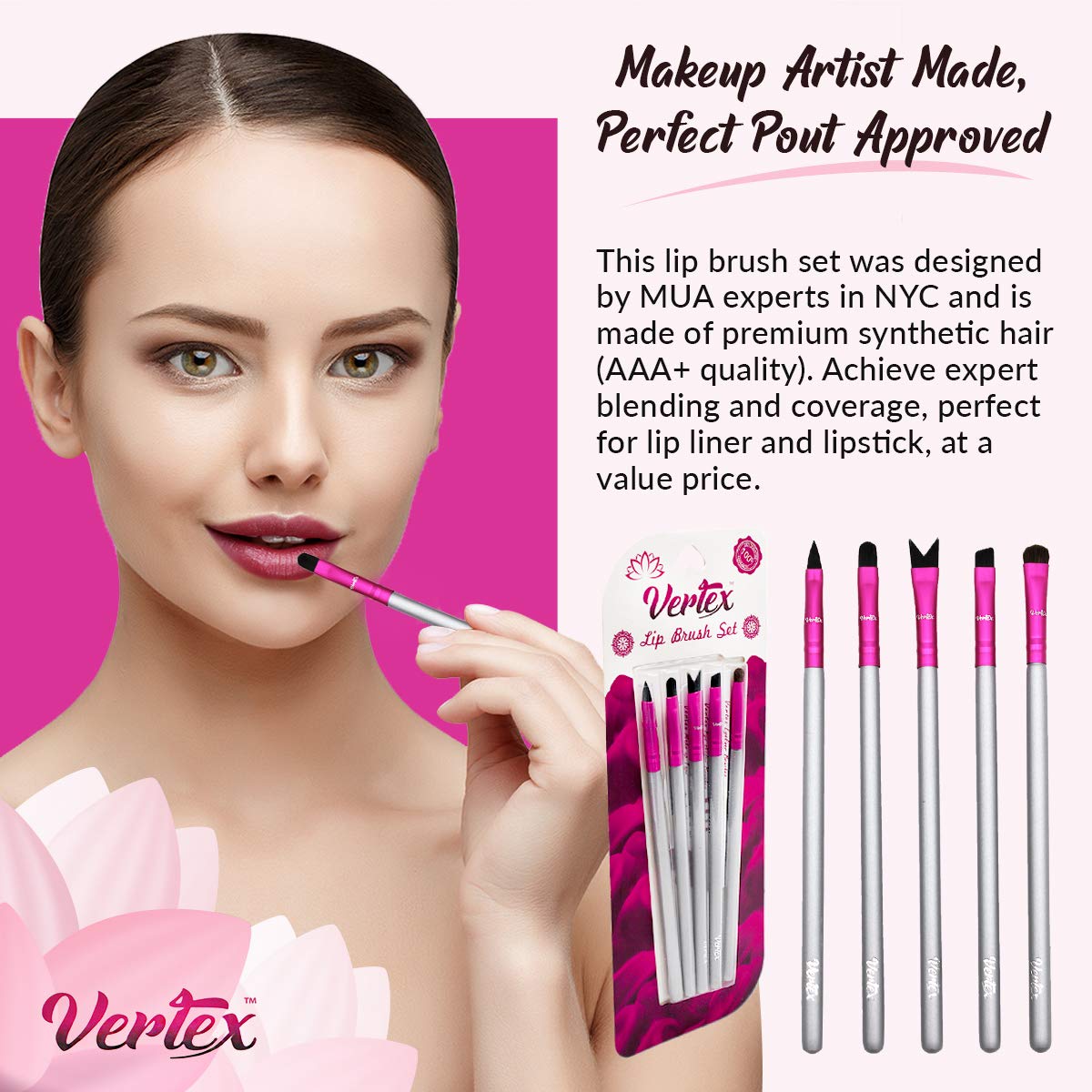 Lip Brush Set For Lipstick - Contour Your Lips For Fuller Looking Lips Designed By Makeup Artist For Streak-Free Application Premium Synthetic Hair (AAA) 5pcs Brushes at a Value Price Cruelty-Free Vertex Beauty: Beauty