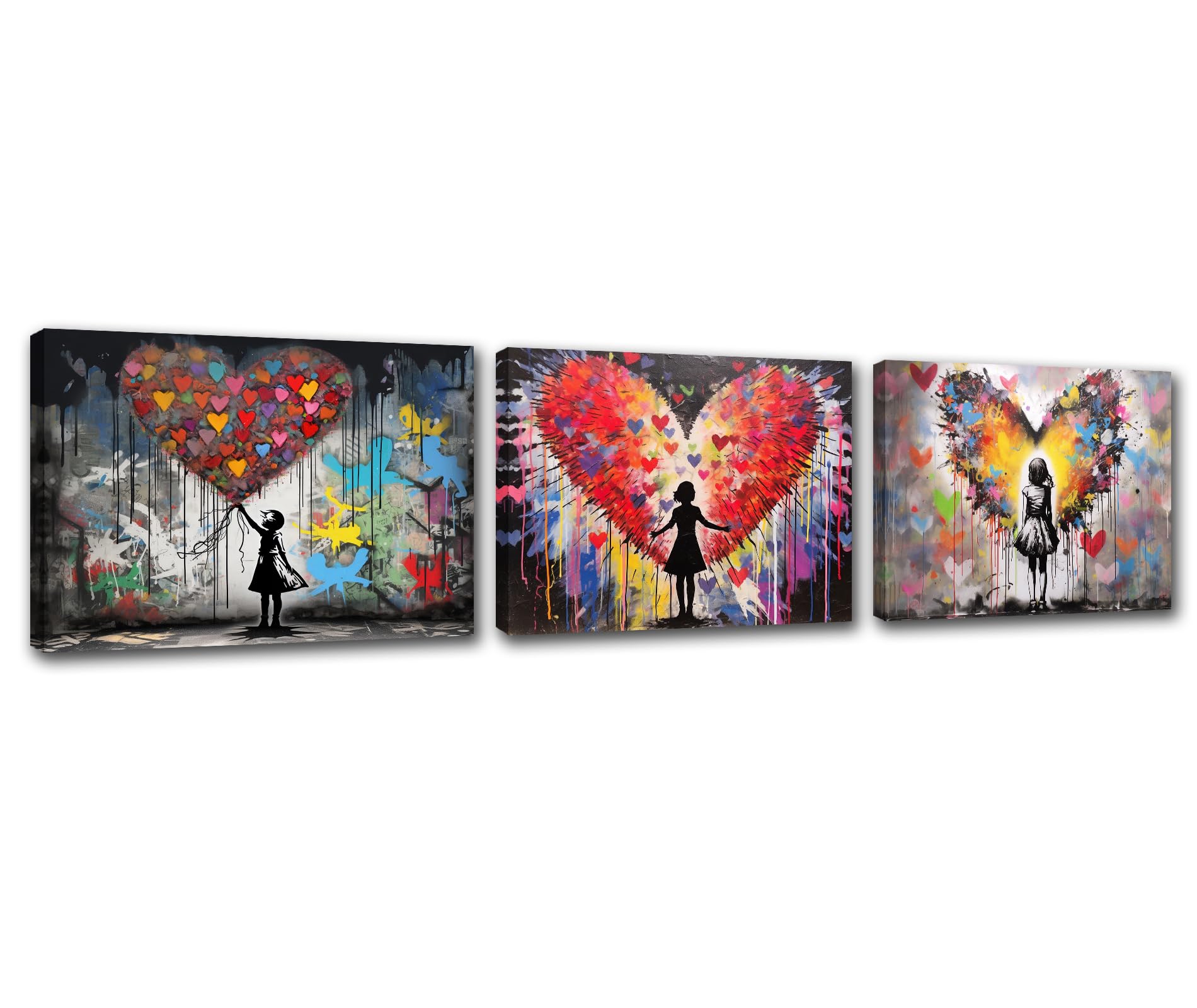 Graffiti Banksy Love Wall Art Prints Poster Graffiti Girl Canvas Art Colorful Scribble Street Wall Picture Room Decor Watercolour Style for Livingroom Decor Artwork Stretched Easy to Hang 42”Wx20”H