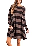 MEROKEETY Women's Crew Neck Striped Long Sleeve Swing Tunic Dress With Pockets