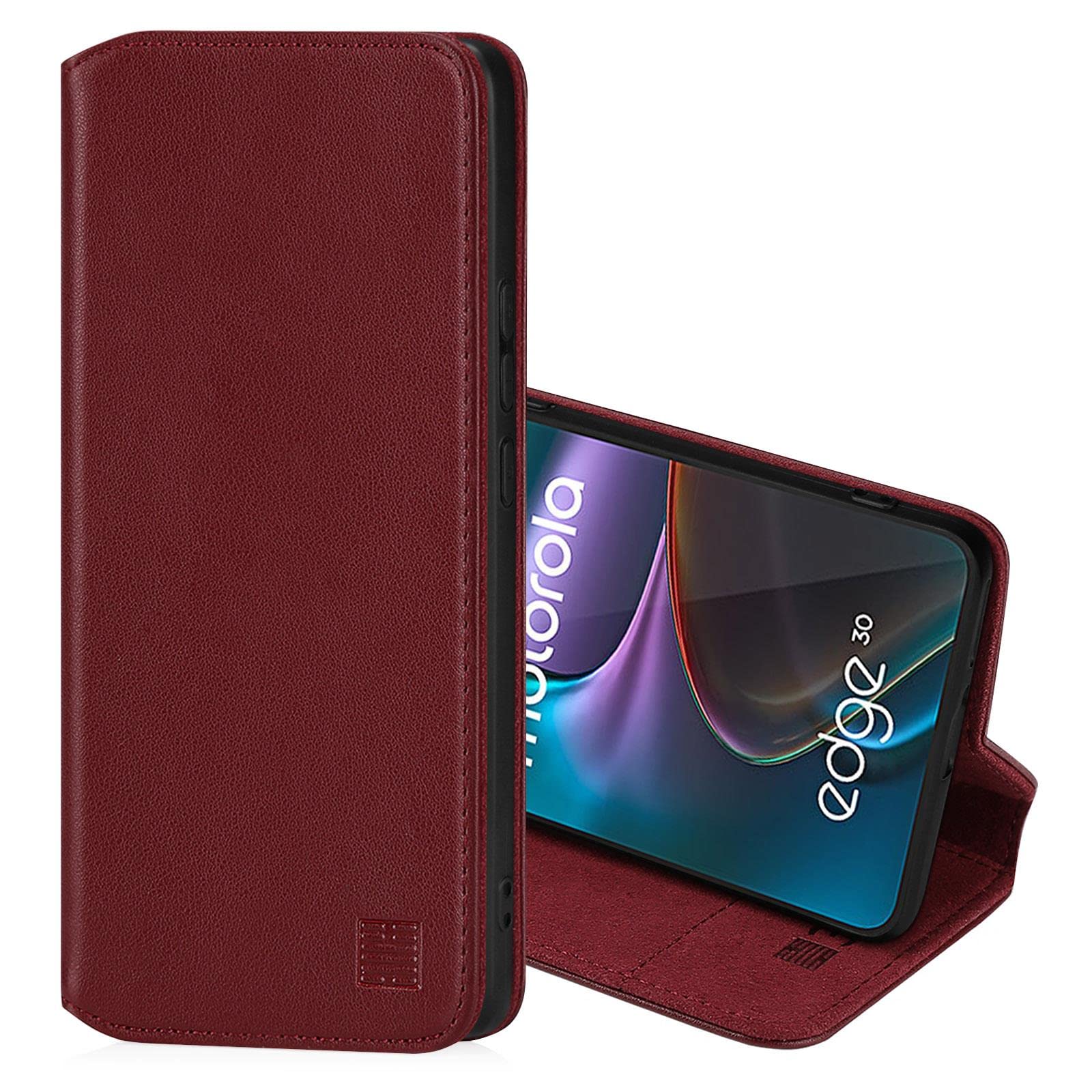 32nd Classic Series 2.0 - Real Leather Book Wallet Flip Case Cover For Motorola Moto Edge 30, Real Leather Design With Card Slot, Magnetic Closure and Built In Stand - Burgundy