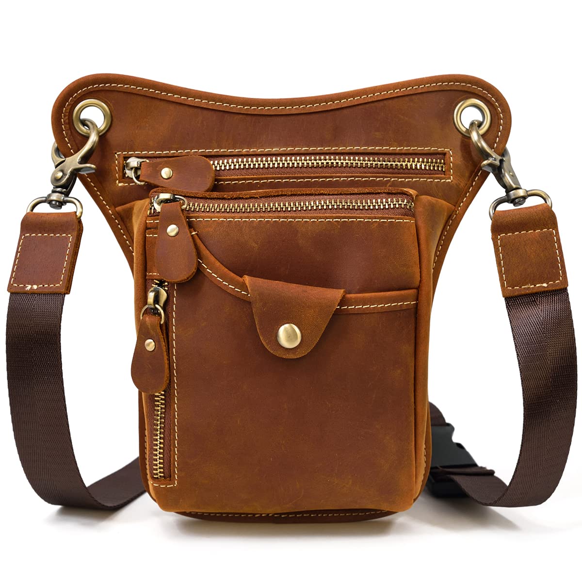 Mens Genuine Leather Messenger Shoulder Bag Motorcycle Bike Riding Cycling Multi-Purpose Thigh Waist Fanny Pack Travel Hiking Sports Camping Pouch, Brown โ image 1