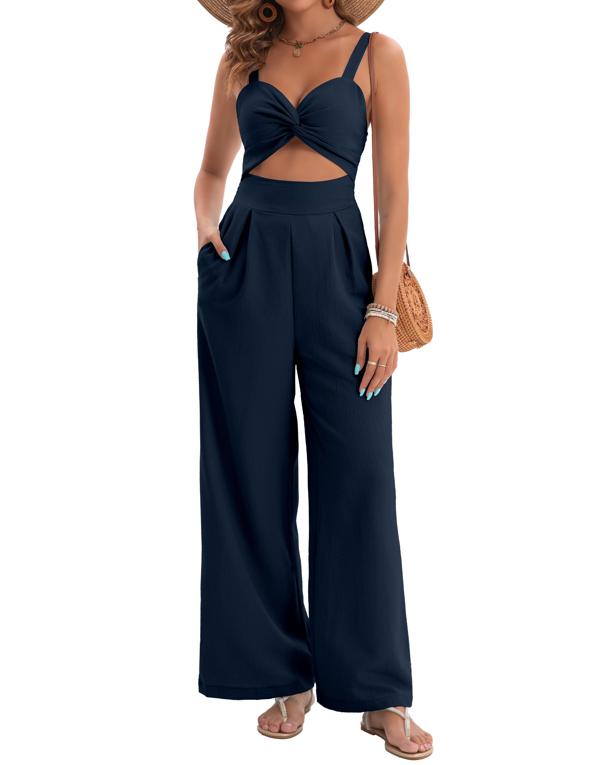 Photo 1 of (LARGE) AGERWAY Jumpsuits for Women Dressy Summer Sexy V Neck Twist One Piece Outfits Sleeveless Casual Wide Leg Long Pant Rompers with Pockets Navy Blue L