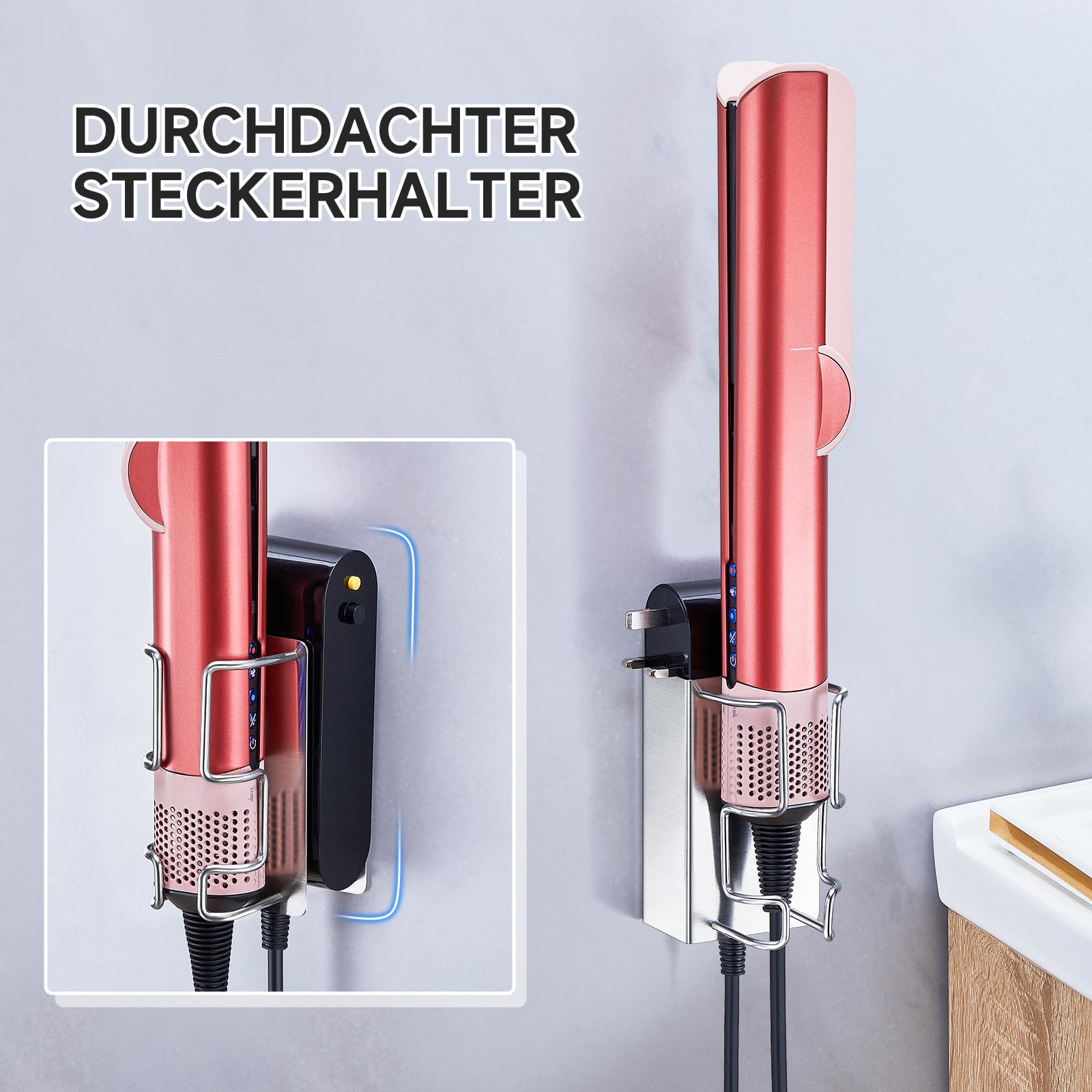 Glätteisen Halterung Wand, Haarglätterhalter, Lockenstab Halter Ohne Bohren Metall, Selbstklebender Halterung Glätteisen, Aufbewahrung Lockenstab für Bad Schlafzimmer Barbershop Hotel (Silber) 4