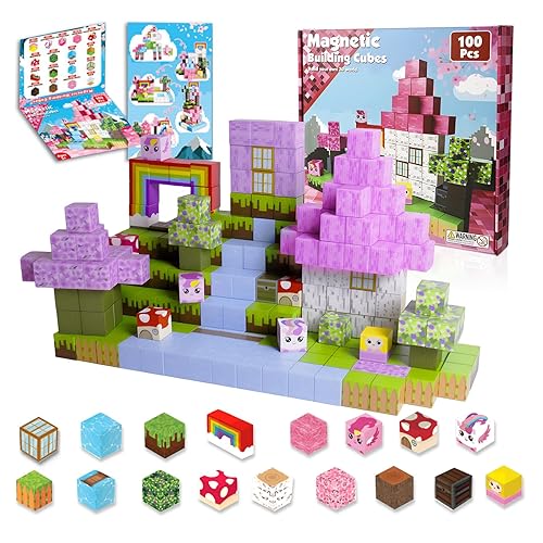Magnetic Blocks - 100 PCS Magnet Block Stacking Sensory STEM Outdoor Game for 3+ Years Old Boys&Girls Children Birthday Easter Gift, 3D Tiles Construction Weekends Toy Set, Castles and Rainbow