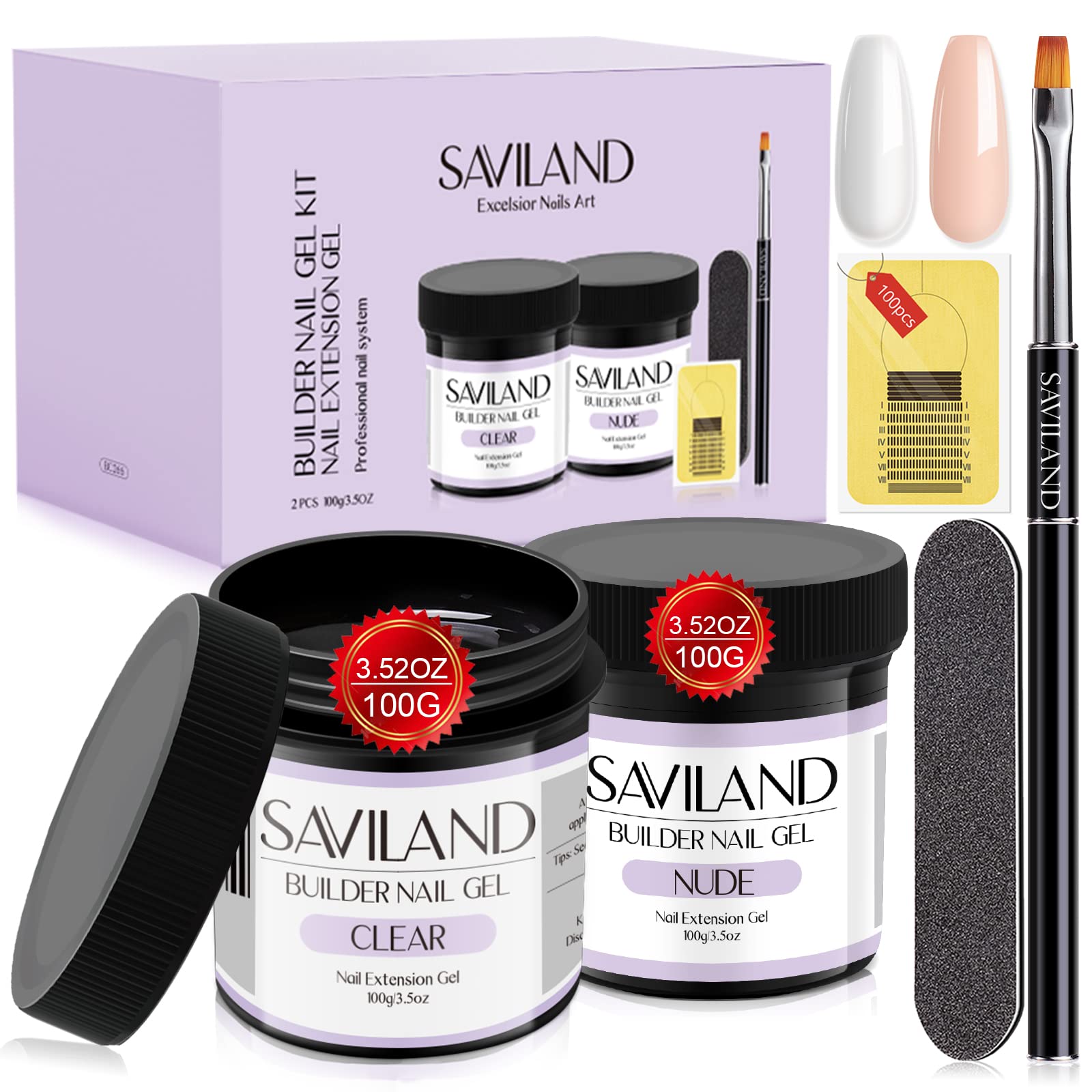 Saviland Clear Nudes Builder Gels Kit: 2 * 100g Hard Gel for Nails Nail Extension Gel Set Nail Strengthener Gel Nail Art Manicure Kit with 100PCS Nail Forms Acrylic Nail Brush Nail File — image 1