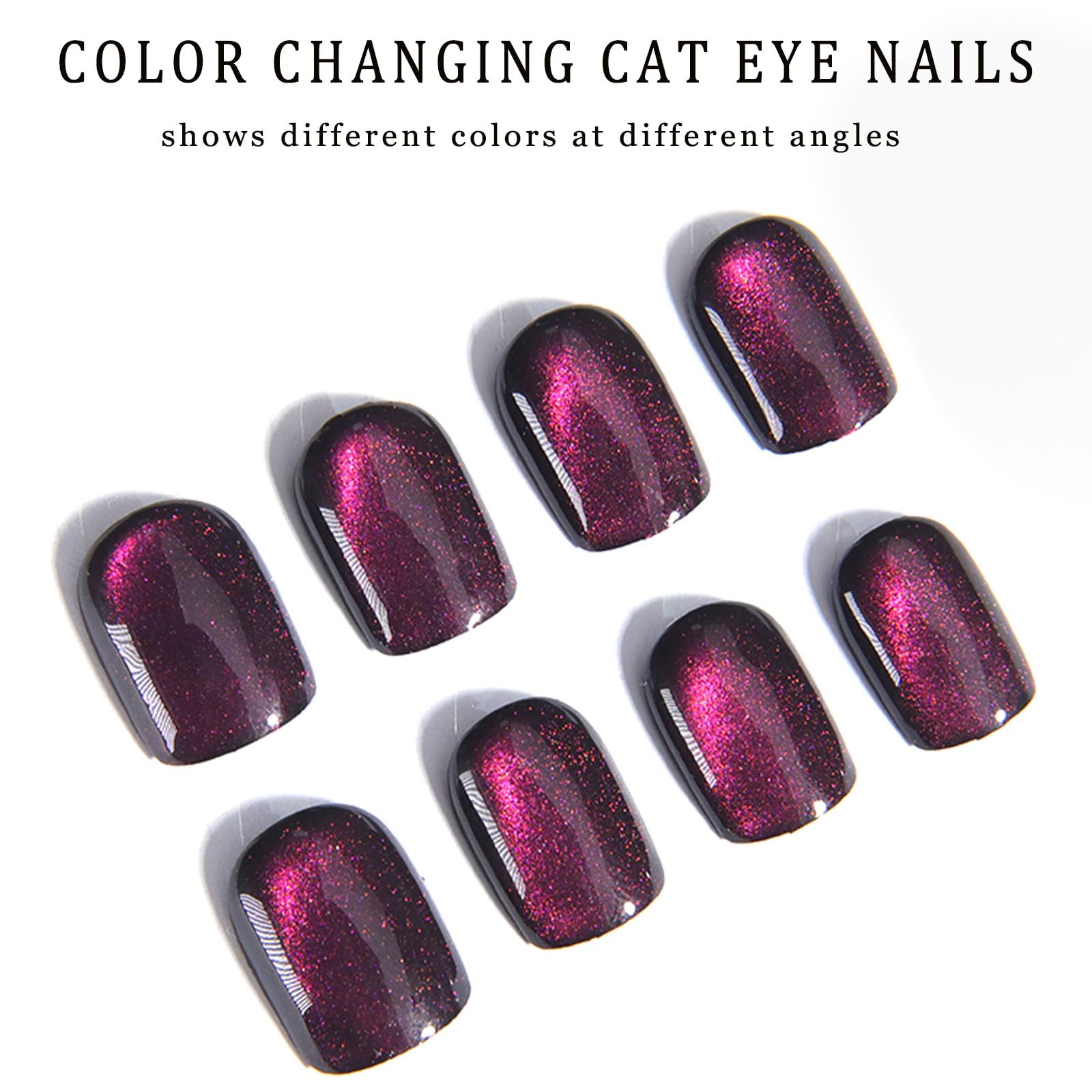 Press on Nails Short Square MAOTTIE Purple Discoloration Cat Eye False Nails UV Finish Fake Nails Gel Glitter Reusable Glue on Nails Short for Women 12 Size-24 Pcs - Image 3