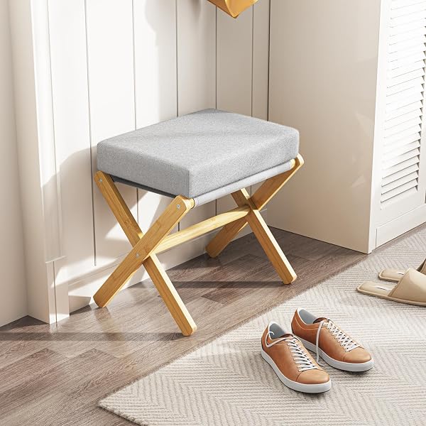 BAMBOOHOMIE FOLDABLE FOOT STOOL OTTOMAN, MODERN FOOT REST WITH BAMBOO X LEGS & THICK FOAM CUSHION, FOLDING FOOT STOOLS SMALL PADDED FOR BEDROOM LIVING ROOM, FOOTSTOOL FOR CHAIR COUCH (NATURAL – GREY)