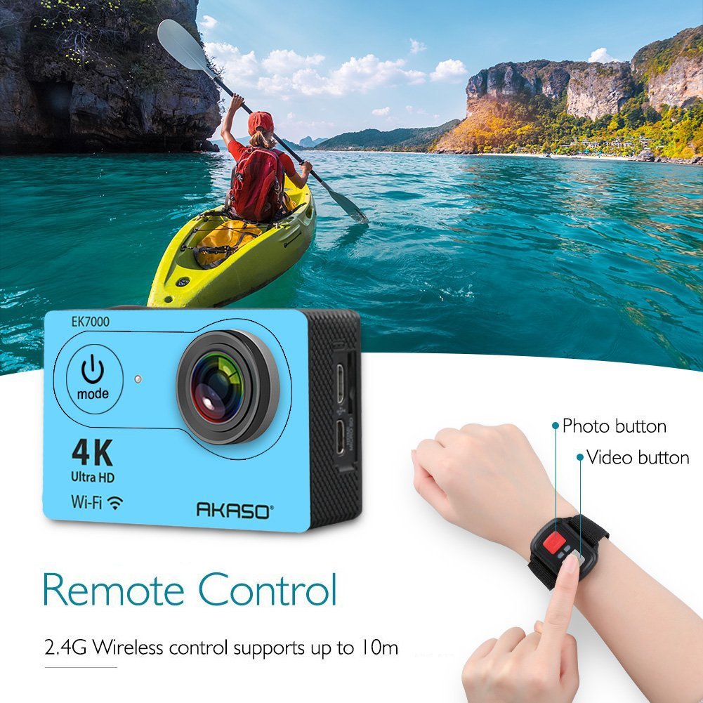 AKASO EK7000 4K Sport Action Camera Ultra HD Camcorder 12MP WiFi Waterproof Camera 170 Degree Wide View Angle 2 Inch LCD Screen W/2.4G Remote Control/19 Accessories Kits - Blue