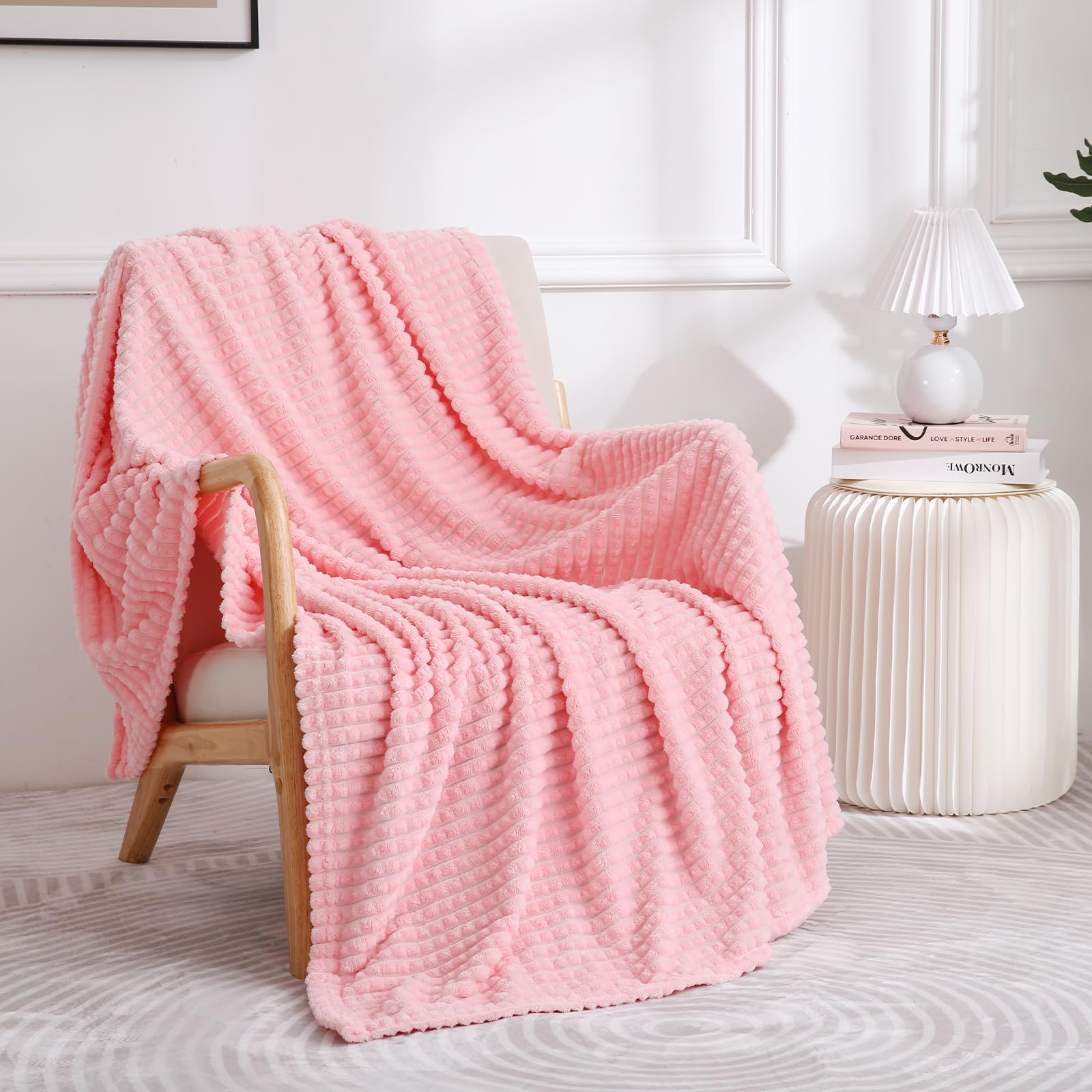 Photo 1 of Puncuntex Light Pink Flannel Fleece Throw Blanket 50"×60",Soft Plush Cozy Valentines Blankets,Birthday Gifts for Mom,Women,Mothers Day with Square Grid Design for Couch Sofa Chair