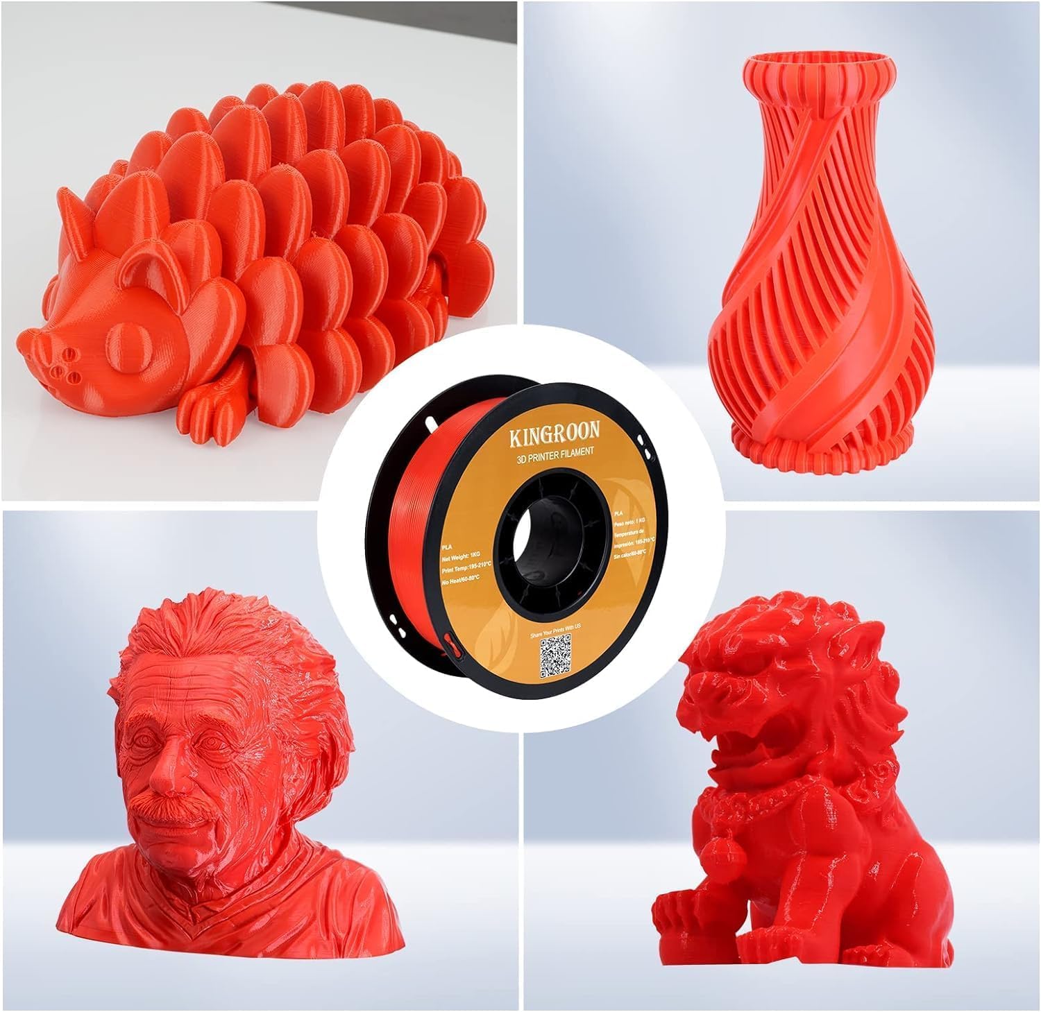 Kingroon PLA Filament 1.75mm, PLA 3D Drucker Filament Maßgenauigkeit +/- 0.03mm, 10KG Spule (22 LBS) PLA Filament für 3D Drucker, Schwarz Weiß Grau Rot Blau Gelb Grün Transparent Orange Silber 4
