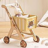 ROBUD Baby Push Walker Doll Stroller, Wooden Shopping Cart for Girls Boys, Height Adjustable Wooden Baby Walker for Kids Toddlers, Learning Walker Toys for 10 Months 1 Year Old