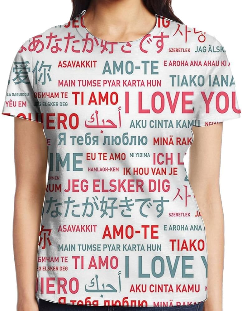 WuLion Emotional Messages in Various World Languages Love Has No Walls Or Culture Artsy Theme Women's 3D Print T Shirt White