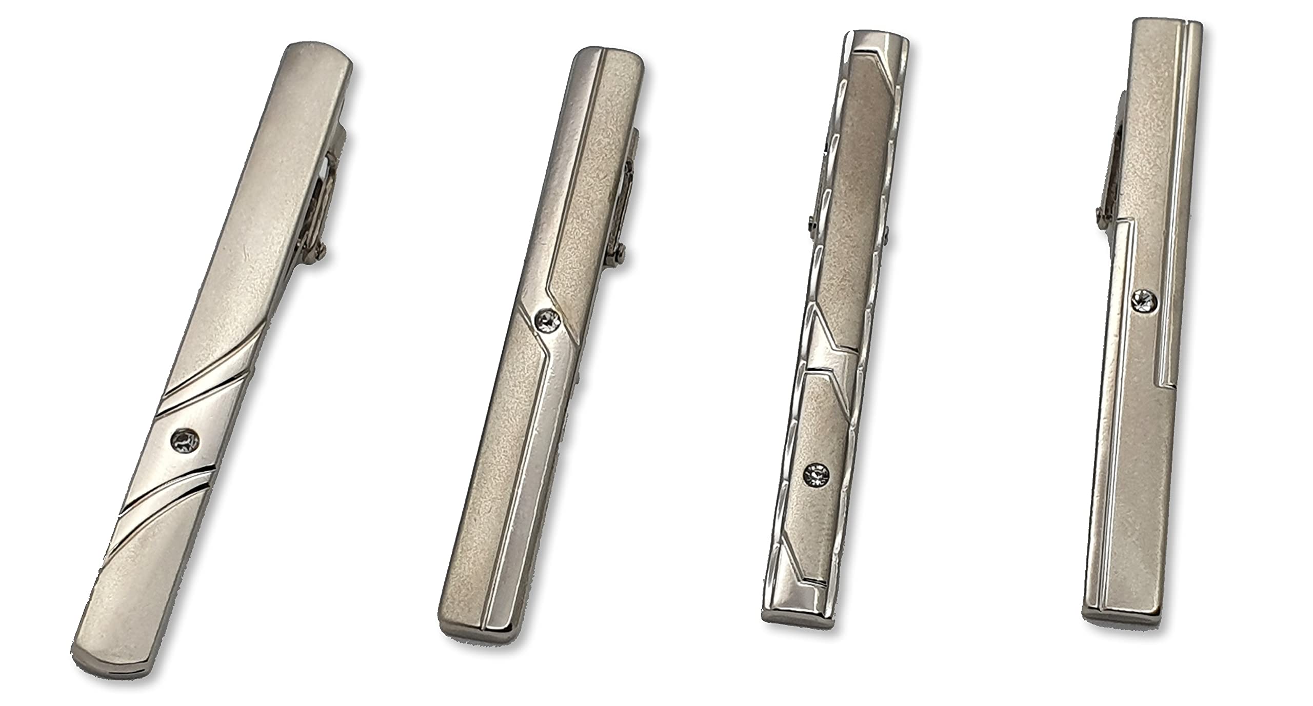 4 Pack of Stylish Silver Tie Clips Tie Bar Clips Tie Pins Set with a Dual Hinge