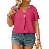 Eytino Plus Size Tops for Women V Neck Short Sleeve Button Down Pleated Loose Casual Summer Blouses Shirts(1X-5X)