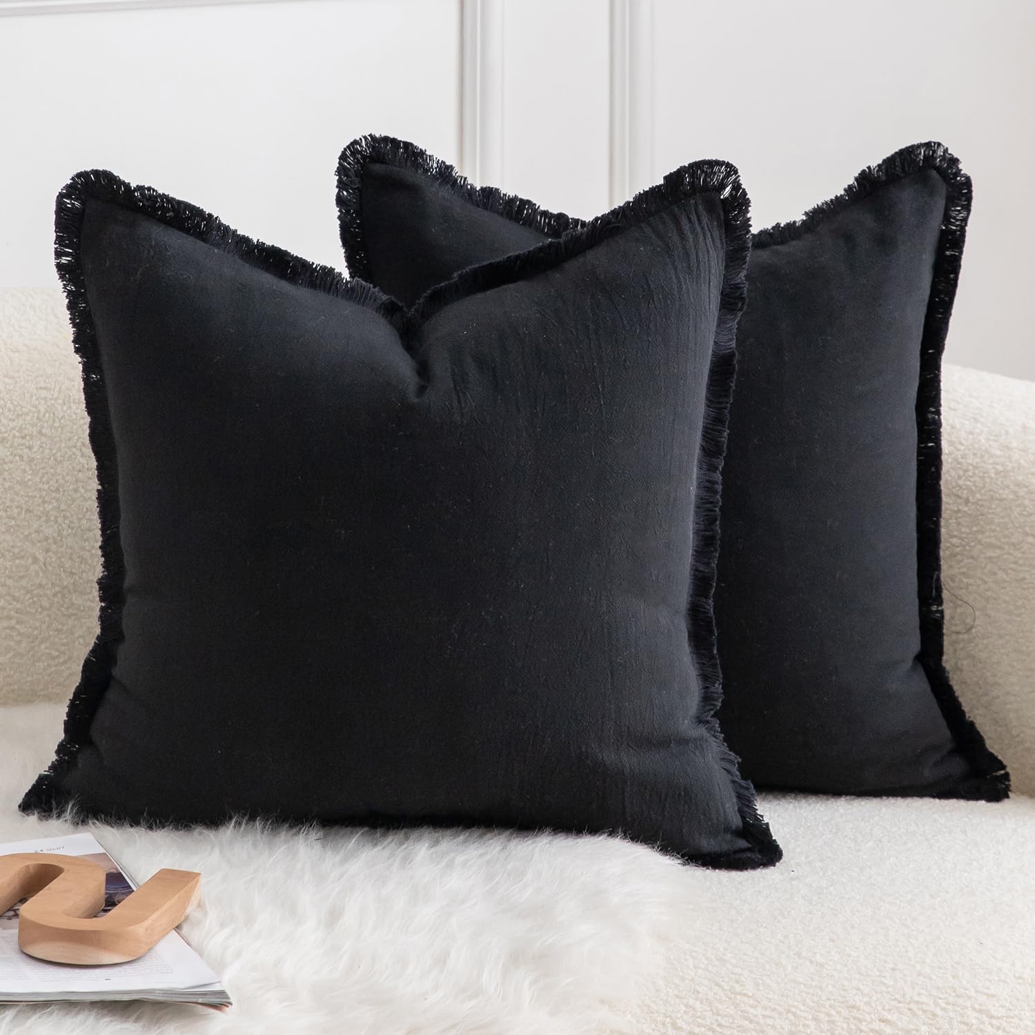Mandioo Set of 2 Neutral Cotton Fringe Cushion Covers 40x40 cm 16x16 inch Decorative Boho Farmhouse Throw Pillowcase Cozy Tassels for Couch Sofa Bedroom Living Room Home Decor Black
