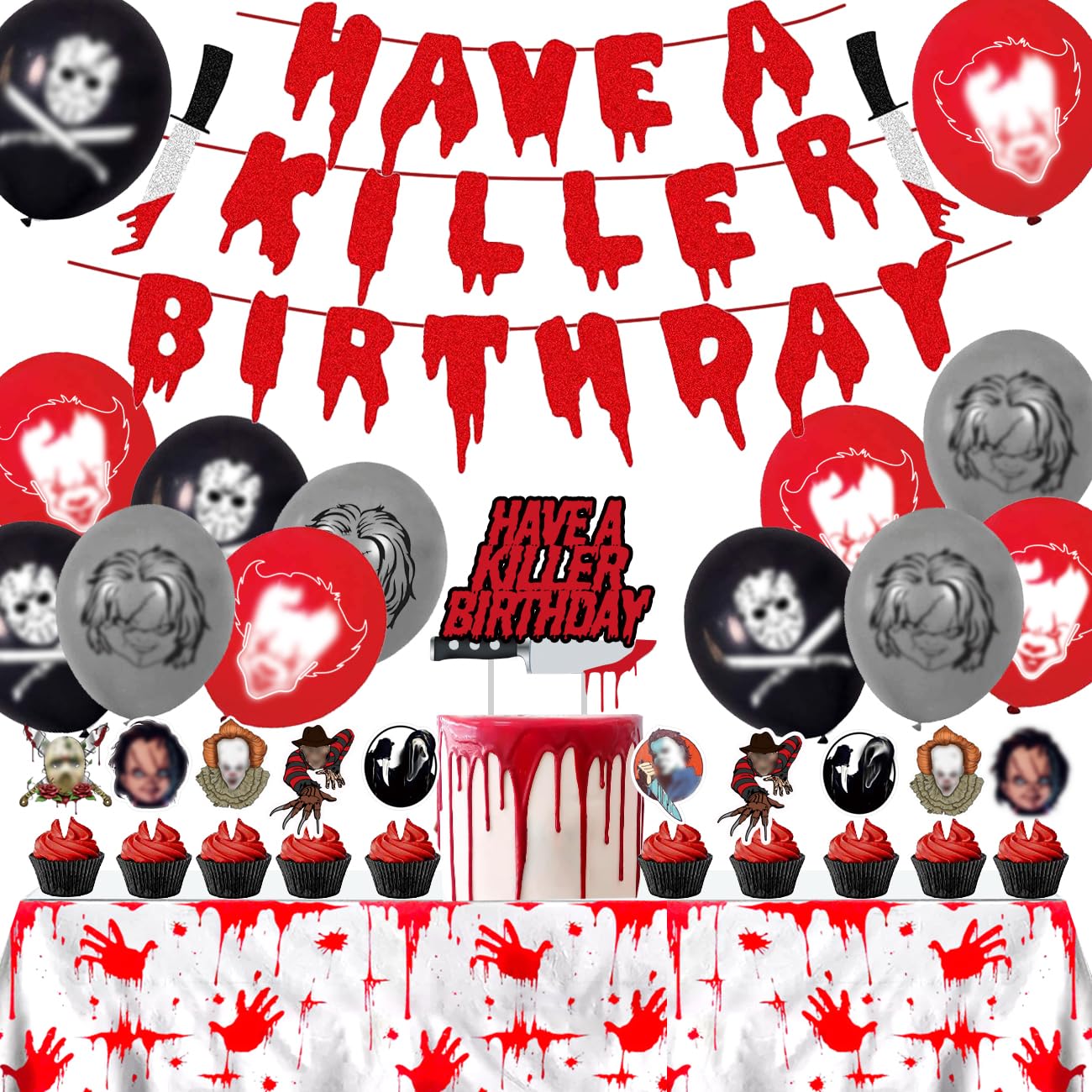 Photo 1 of Have a Killer Birthday Party Decorations Bloody Birthday Banner Tablecloth Cake Topper Balloons for Halloween Horro Birthday Party Supplies