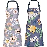 ARBINSON 2 Pack Floral Apron for Women with Pockets, Adjustable Cotton Chef Aprons for Kitchen, Cooking, BBQ & Grill