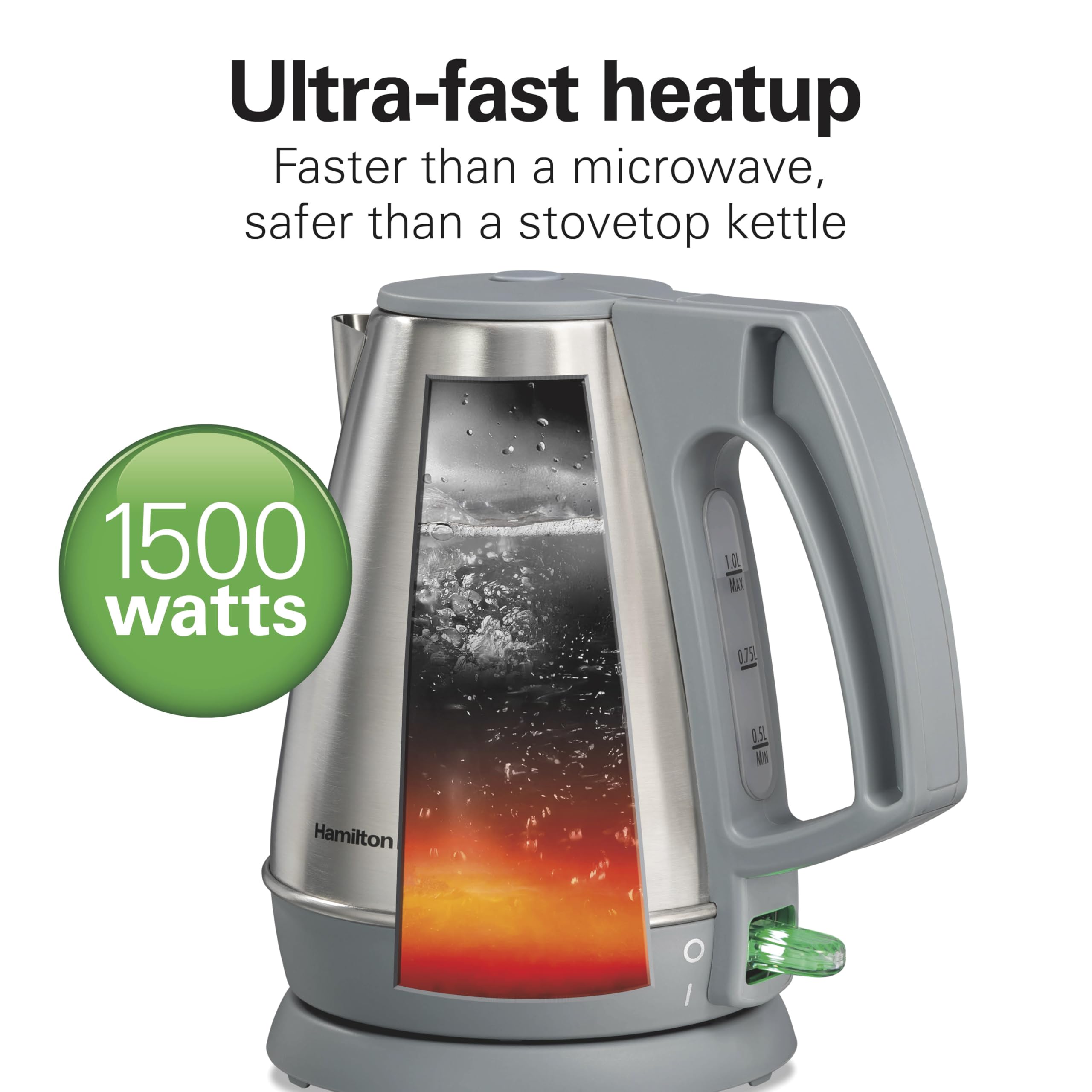 Hamilton Beach 1 Liter Electric Kettle, Water Boiler & Heater, Fast 1500 Watts, BPA Free Interior, Cordless Serving, Auto-Shutoff and Boil-Dry Protection, Cord Wrap, Stainless Steel (41065) - Image 2