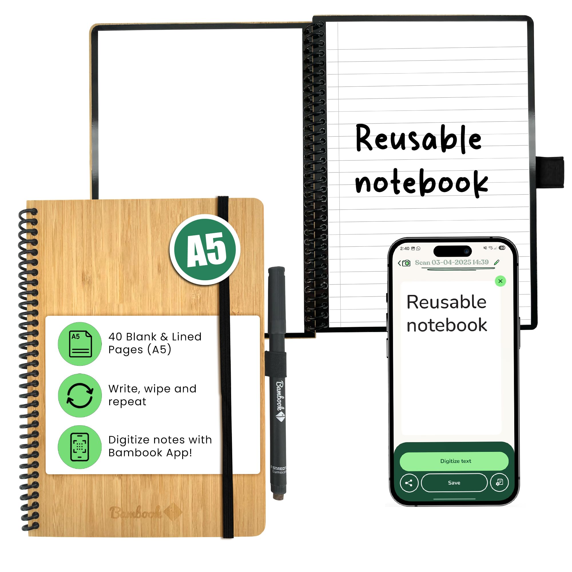 BAMBOOK Classic - Reusable Notebook - Luxurious Bamboo Hardcover - A5 - Blank & Lined - Rewritable, Dry Erase, Whiteboard, Erasable - Free Pen Scan App — image 1