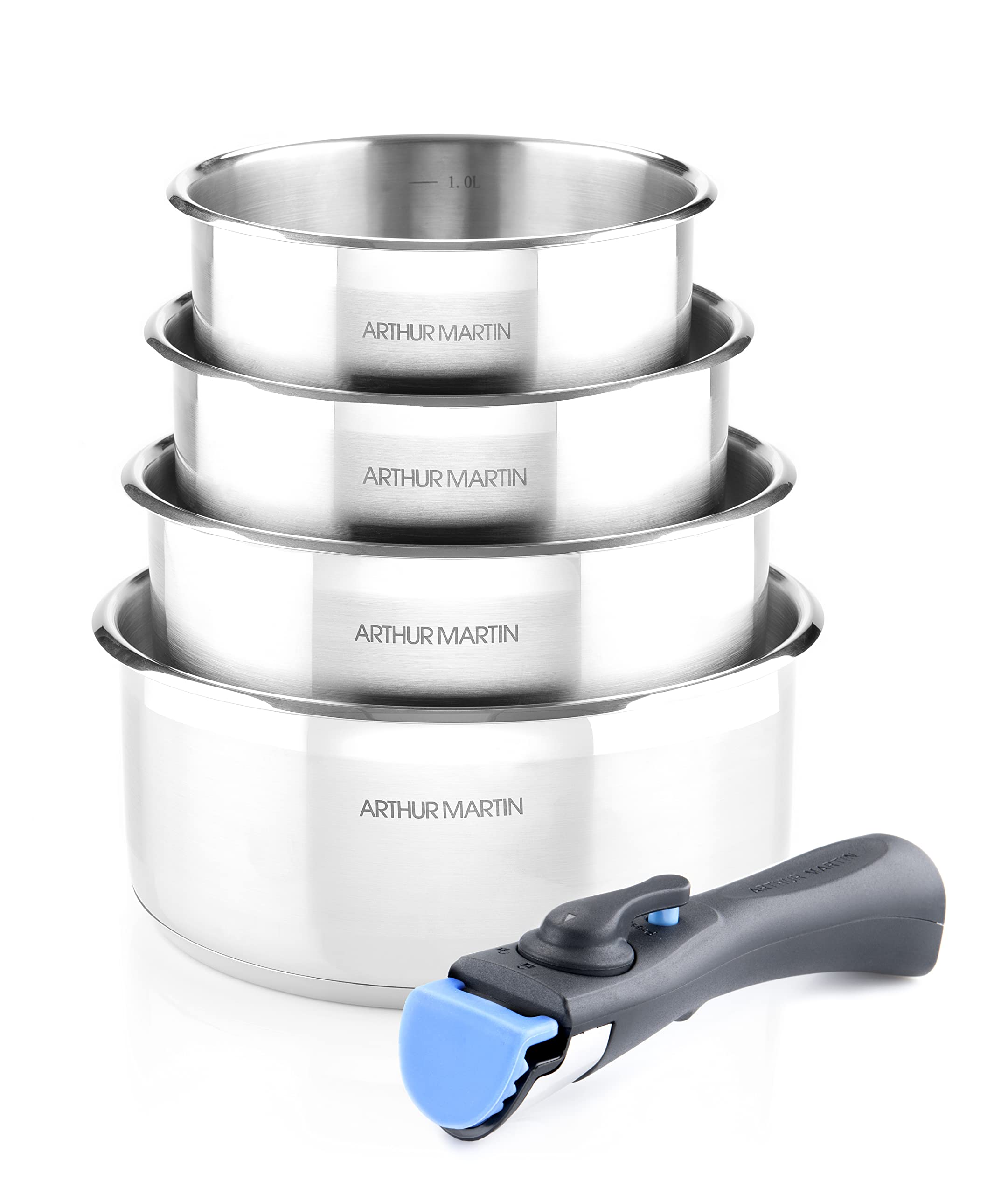 Arthur Martin 5589 5-Piece Forged Aluminium Cookware, Satin Interior with Graduation, Capsule Base, 1 Removable Handle, All Heat Sources Including Induction – 4 Saucepans (14-20 cm)
