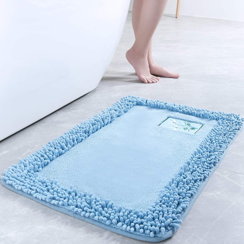 Non Slip Shaggy Chenille Bath Rug -Soft Microfibers Mat for Bathroom Rugs Water Absorbent of Plush Carpet, Machine Washable and Dryable for Tub Shower, 20 x 30 Inches Blue and Gray (2030, Blue): Kitchen & Dining