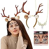 RechicGu 3 Women Halloween Christmas Reindeer Deer Ears Headband Costume Accessories Antlers Horn Necklace Face Sticker Set