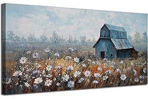 Enartly Landscape Canvas Wall Art Farmhouse Cows Barn Painting Rustic Picture White Flowers Nature Artwork Textured Large Framed for Home Office Living Room Bedroom Bathroom Wall Decor, 40"x20"