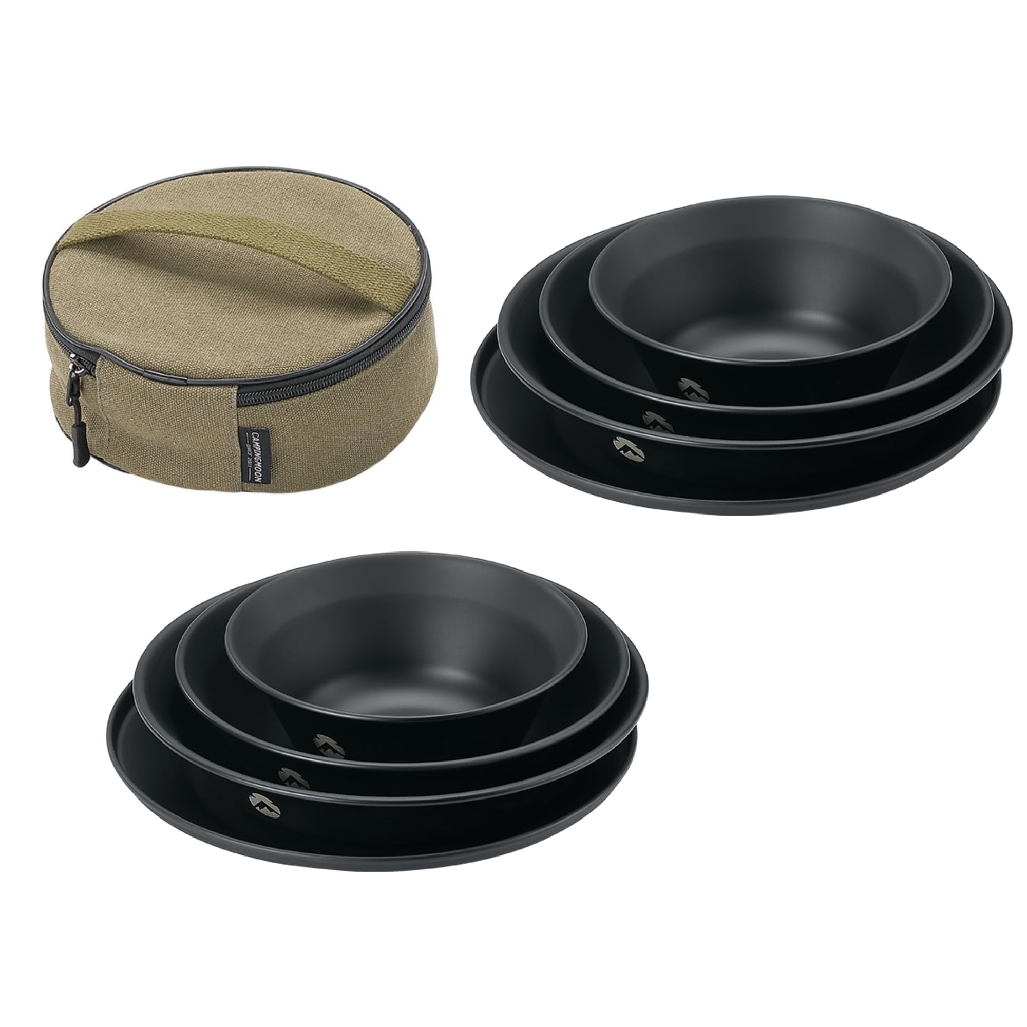 CAMPINGMOON Camping Tableware Set Stainless Steel Camping Plates Bowl Stackable Outdoor Dinnerware Canvas Carry Case Camping Hiking Picnic (8, Black (Titanium Oxide Coating))