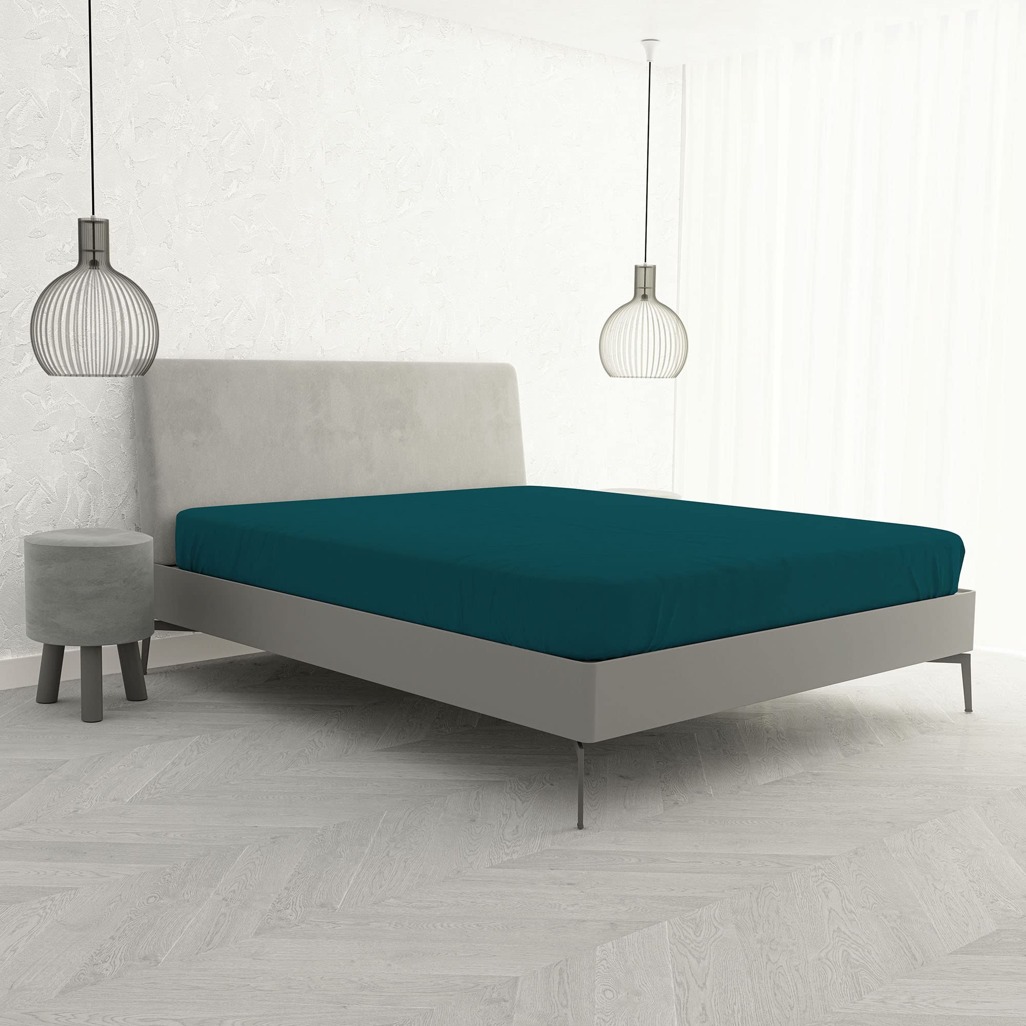 Fitted Sheet with Corners for Double Bed, Cotton, Made in Italy, Bed Linen 170 x 200 cm with Elasticated Corner 25 cm, Petrol