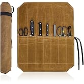 Knife Roll Bag, Heavy Duty Waxed Canvas Chef Knife Bag with 7 Slots Portable Knives Protection Bags for Cooks Hiking Camping 