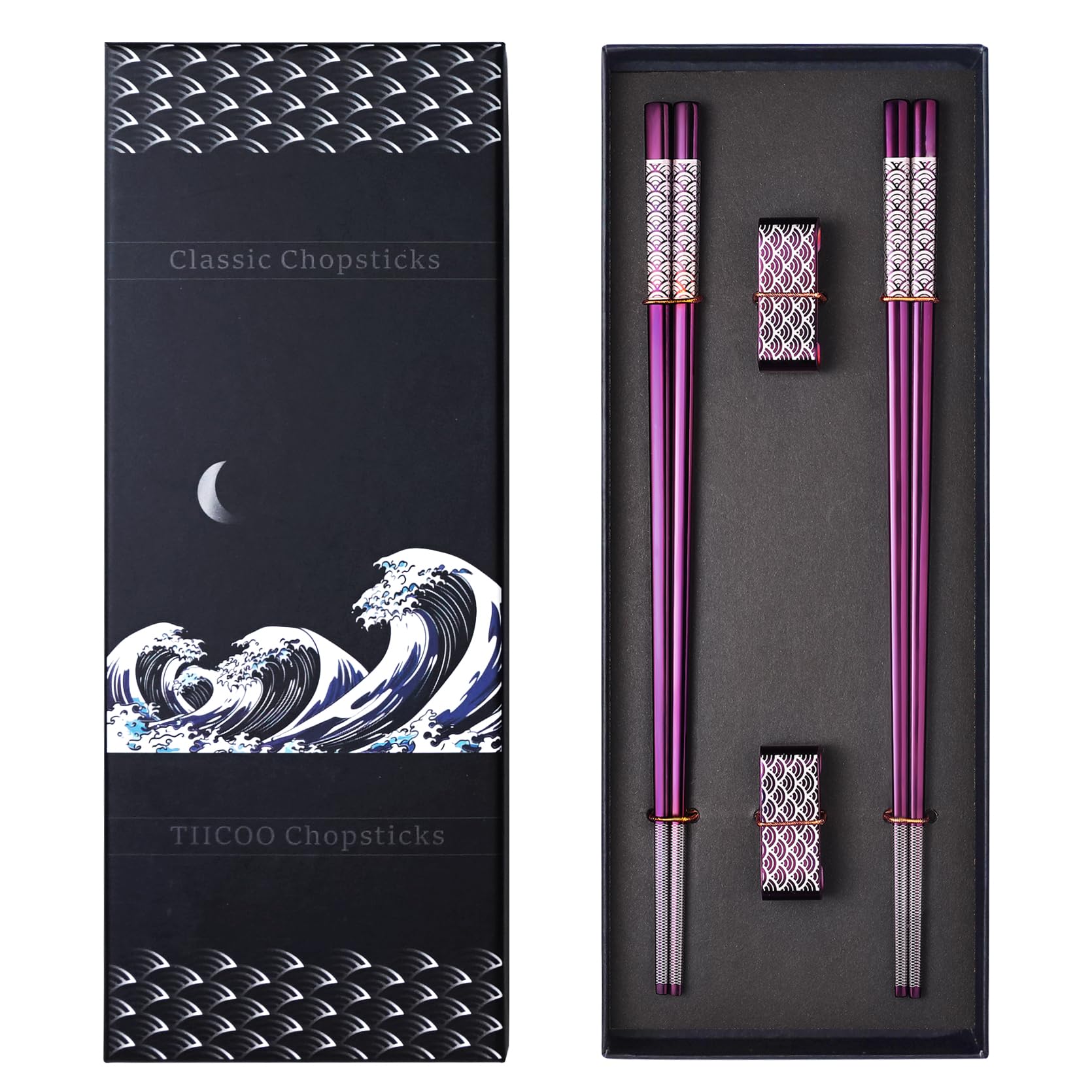 TIICOO Titanium Stainless Steel 18/8 Reusable Metal Chopsticks - 2 Pairs with Holder, Dishwasher Safe, Lightweight, Korean, Japanese or Chinese Chopsticks - Gift Set (Purple)