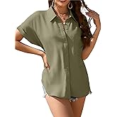 Poplab Textured Button Down Shirts for Women Solid Short Sleeve Business Casual Work Blouse Tops(Textured-Sage,S)
