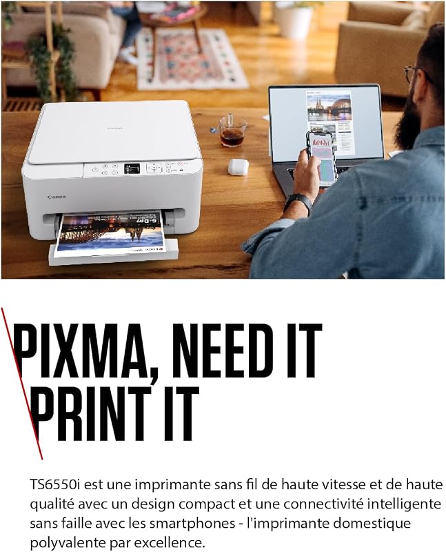 PIXMA TS6550i – Imprimante Jet d’Encre Multifonction Wi-FI – Impression Rapide Recto Verso – Format A4 et 10x15 cm PIXMA Print Plan - Inclus Papier Photo A4 SG-201, 5 Feuilles