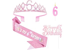 Vovii 6th Birthday Decorations for Girls - Pink Birthday Crown, Glitter Sash, Number 6 Candles and Cake Toppers for Girls 6 Year Old Party Supplies Outfit Gift