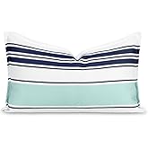 Hofdeco Premium Coastal Patio Indoor Outdoor Lumbar Pillow Cover Only, 12"x20" Water Repellent for Backyard, Couch, Navy Blue Aqua Stripes