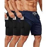 Sureio 3 Pcs Men's 2 in 1 Gym Workout Running Shorts 7 Inch Quick Dry Lightweight Athletic Short with Liner Pocket Towel Loop