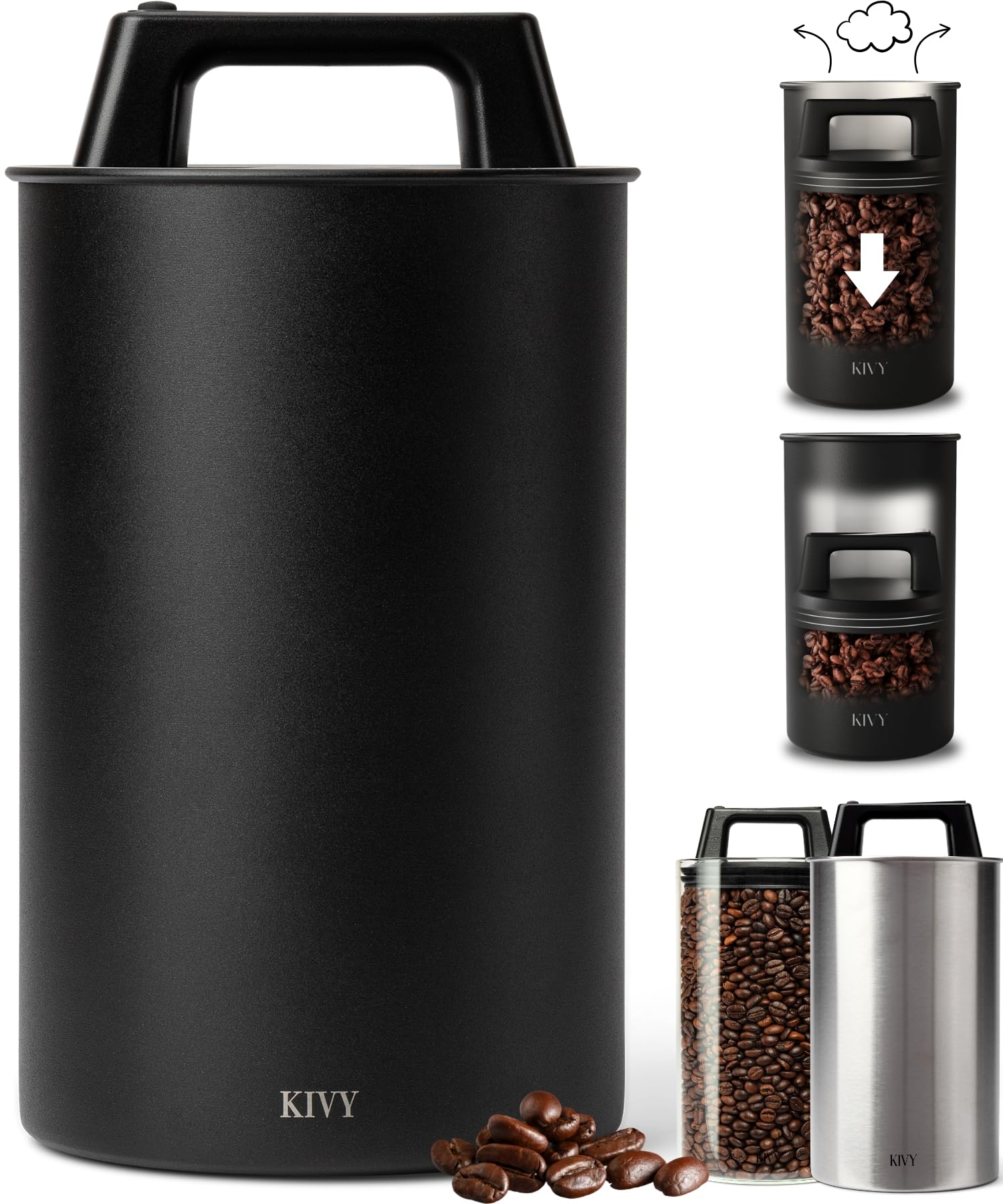 Photo 1 of KIVY Vacuum Coffee Canister (Large) - Push Lid Preserves Aroma & Oil - Stainless Steel Airtight Canister - Container for Ground & Coffee Bean Storage - Removes Excess Air