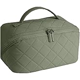 Travel Makeup Bag for Women - Puffy Padded Make Up Bags, Lay-Flat Water-Resistant Cosmetic Case, Large Capacity Cosmetic Bag for Travel Storage of Toiletries and Makeup Brushes (Green)