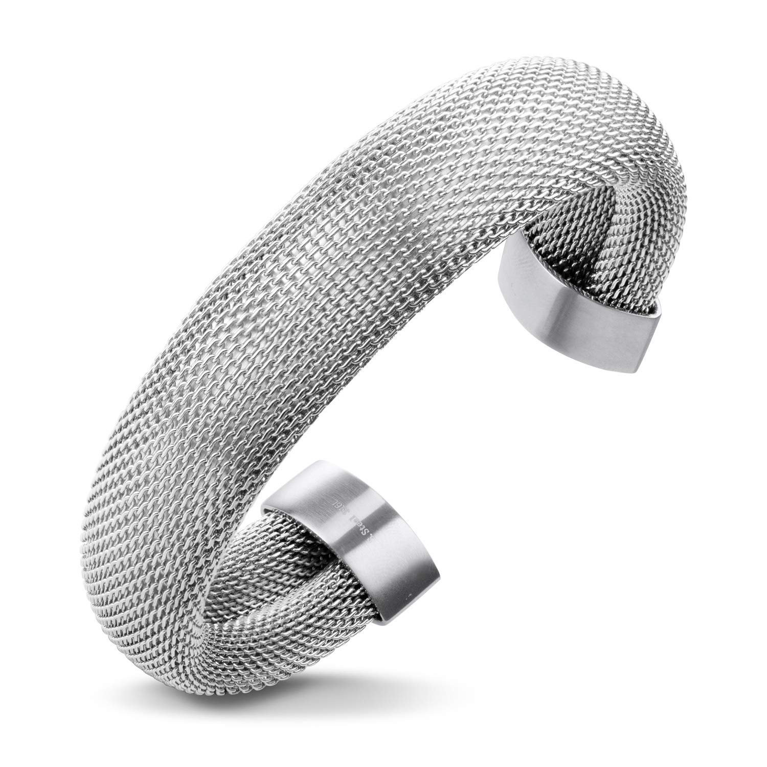555Jewelry Stainless Steel Womens Trendy Modern Mesh Wrap Open Cuff Stackable Expandable Fashion Charm Fine Jewelry Accessory Bangle Bracelet, Silver 65 mm