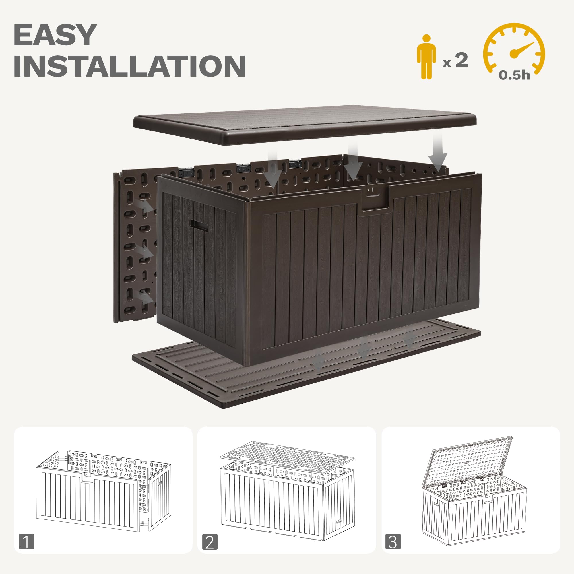 DWVO 567.8L Resin Aufbewahrungsbox für Außen, Doppelwandige wasserdichte Gartenbox mit Holzmaserung, Abschließbare Aufbewahrungsbox als Tisch oder Sitzbank (1000 kg Belastbarkeit) – Braun 7
