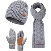 Womens Hat Scarf Gloves Set Winter Warm Thick Soft Long Knit Scarf Fleece Lined Beanie Touchscreen Glove Cold Weather Gift